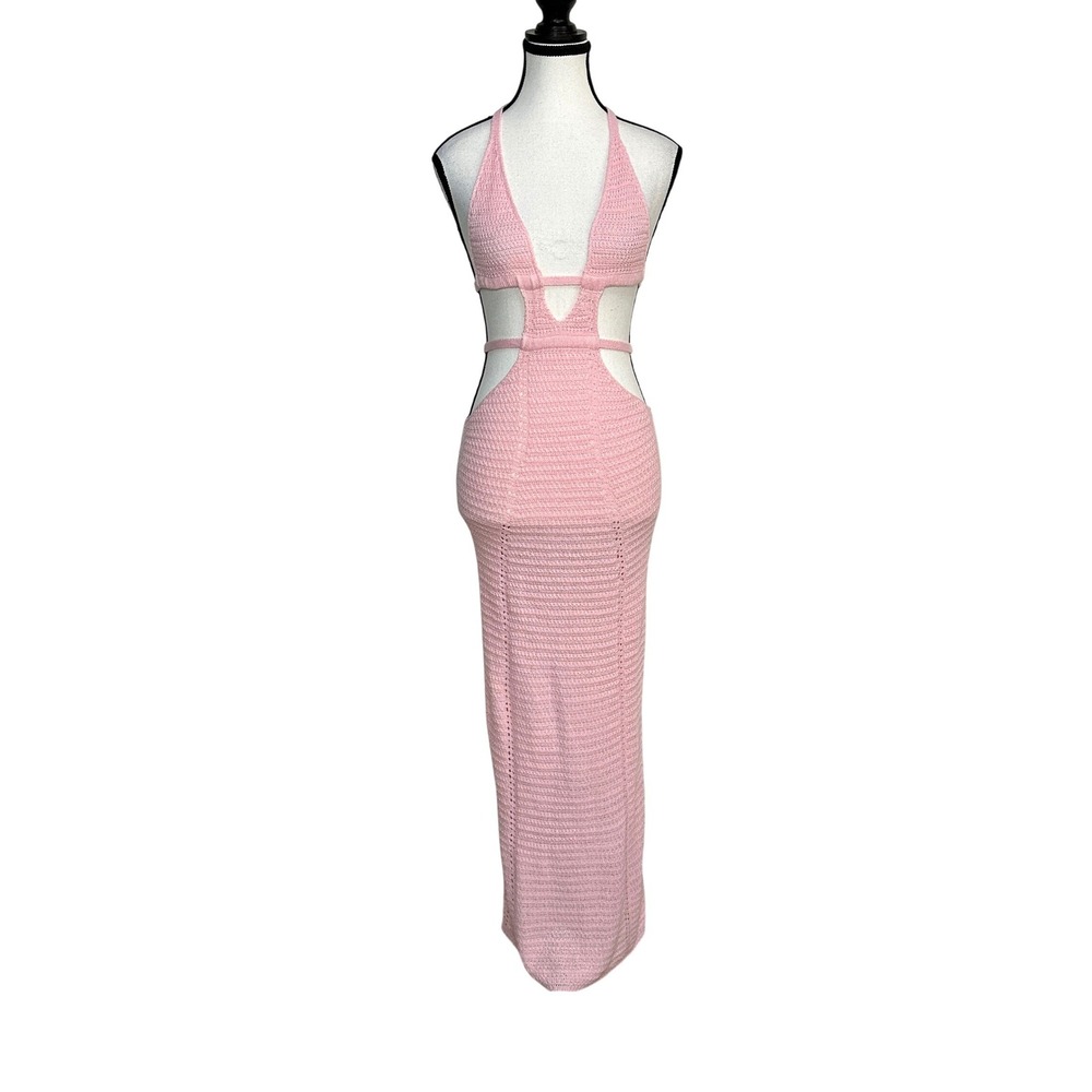 Pink Crochet Maxi Dress Womens Small Halter Cutout Backless Coquette Boho‎ Beach